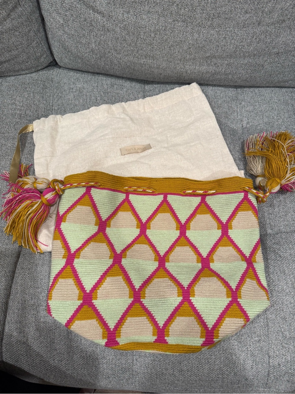 Handwoven Pink & Mint Geometric Shoulder Satchel
